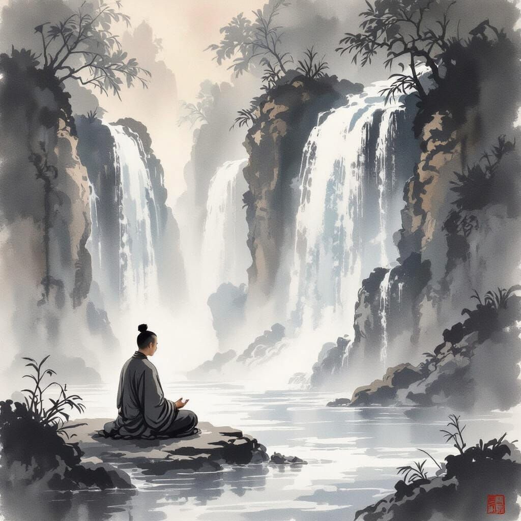 Buddhist Monk Meditating by Waterfall in Ancient Chinese Sty...