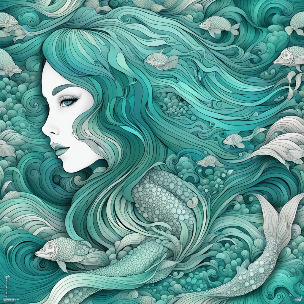 Teal-Haired Mermaid Swimming Underwater with Abstract Elemen...