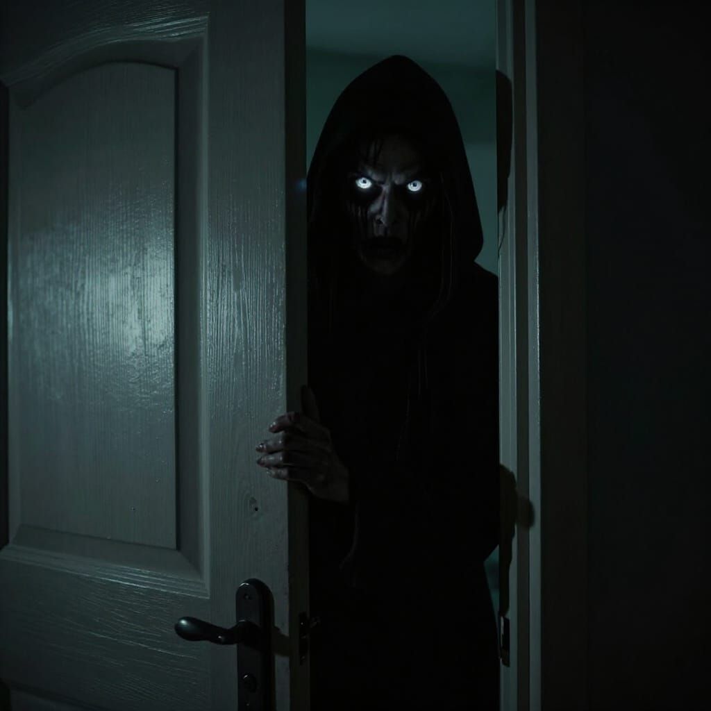Shadowy Figure With Glowing Eyes Peeking Through Door