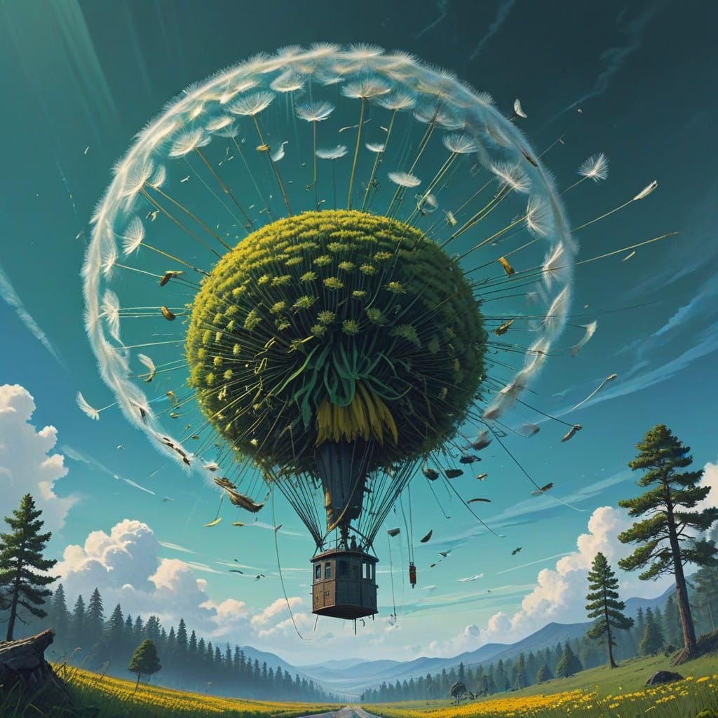 Ethereal Dandelion Hot Air Balloon Soars Above Emerald Lands...