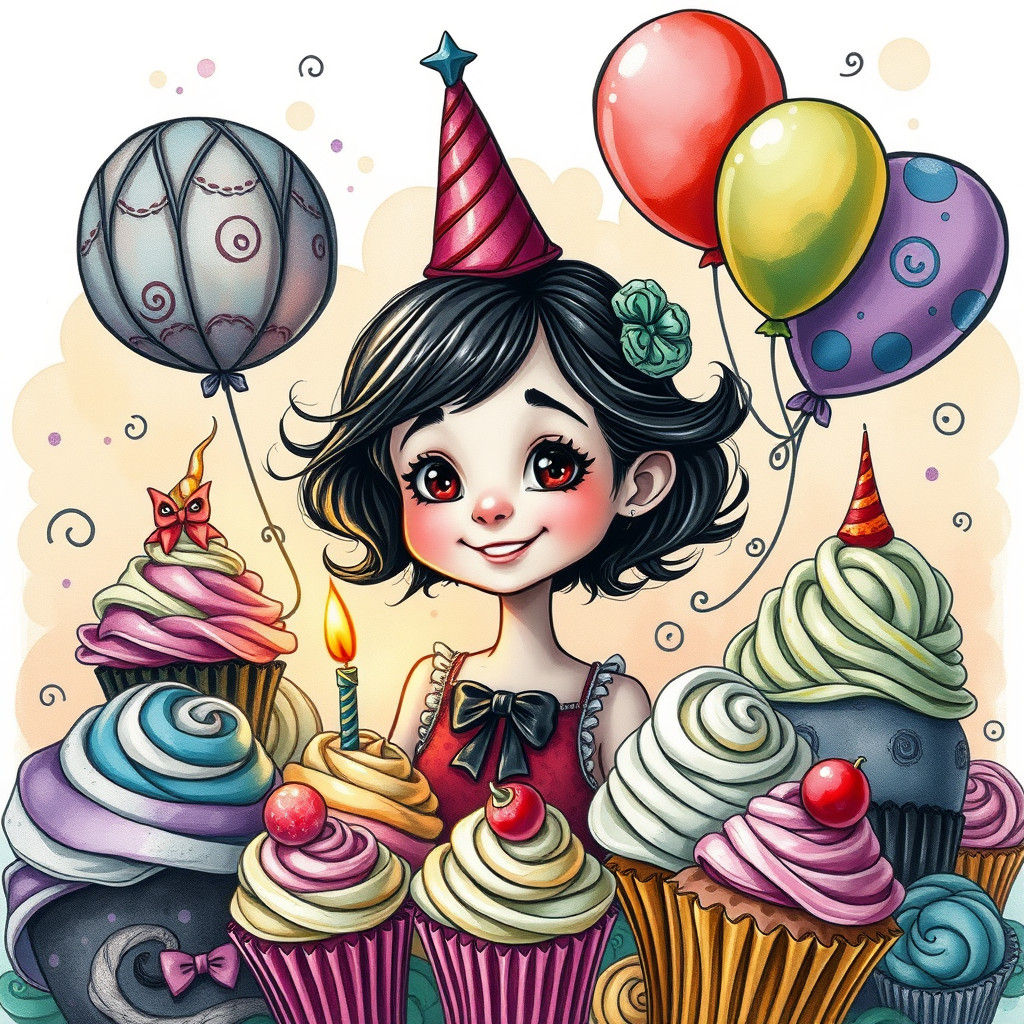 Whimsical Cartoon Girl with Cupcakes in Gothic Style