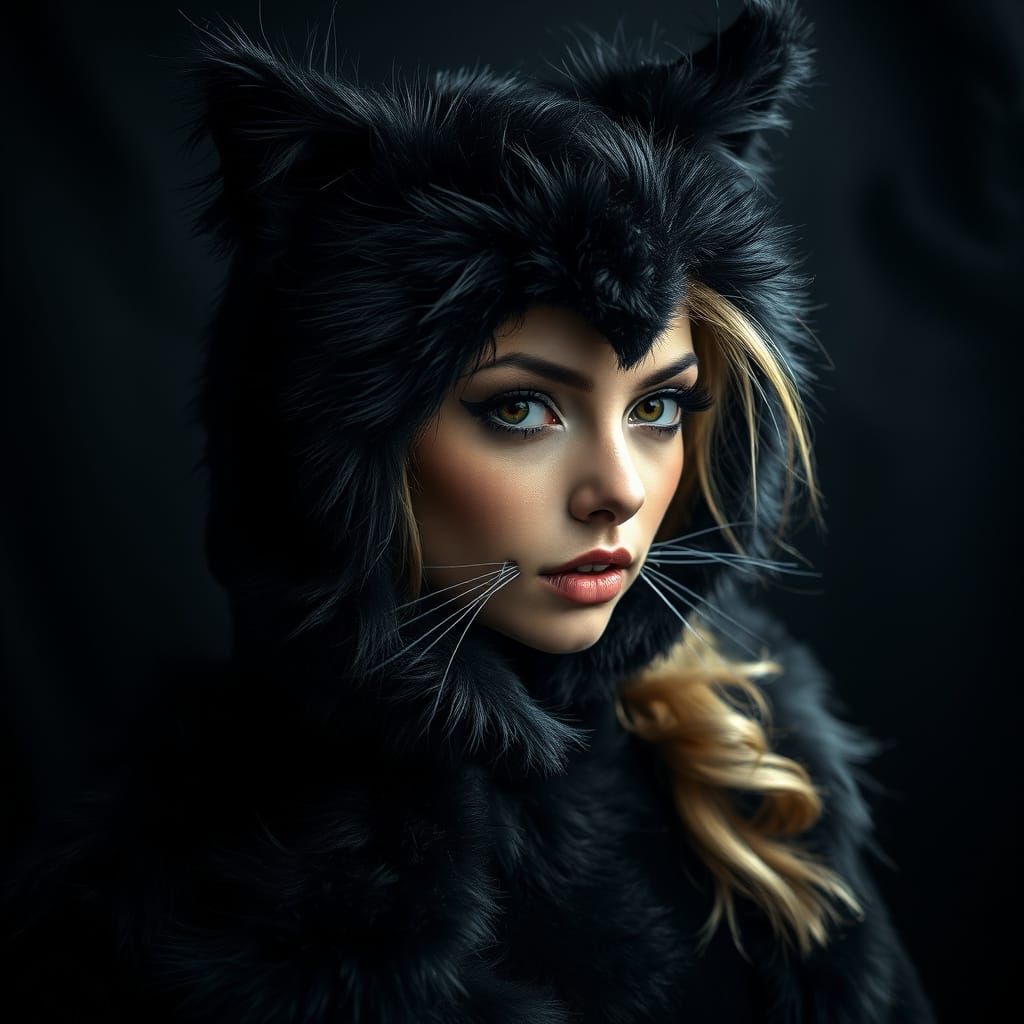 Hyperrealistic Woman in Detailed Black Cat Costume