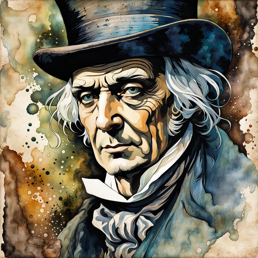 Ebenezer Scrooge Double Exposure Watercolor Portrait