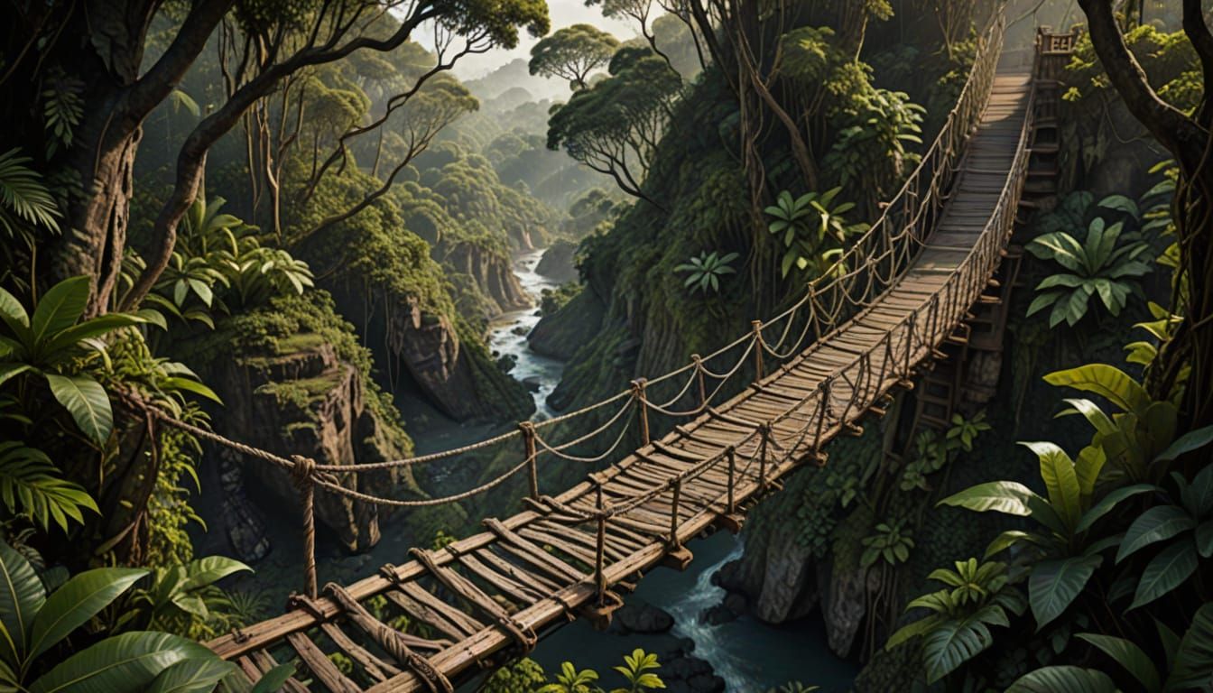 Dense Jungle Ravine Bridge in Photorealistic Style