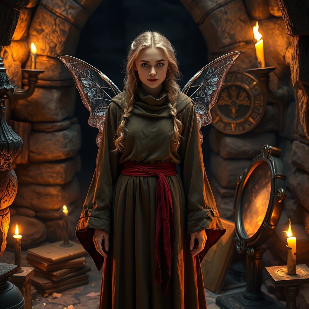 Fairy in Dark Fantasy Scene with Magic Mirror