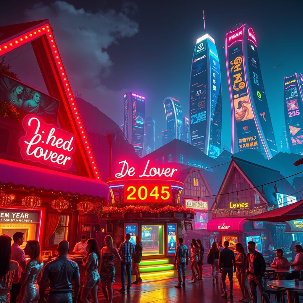 Ethereal New Year's Eve Village in 2045 with Neon Lights and...