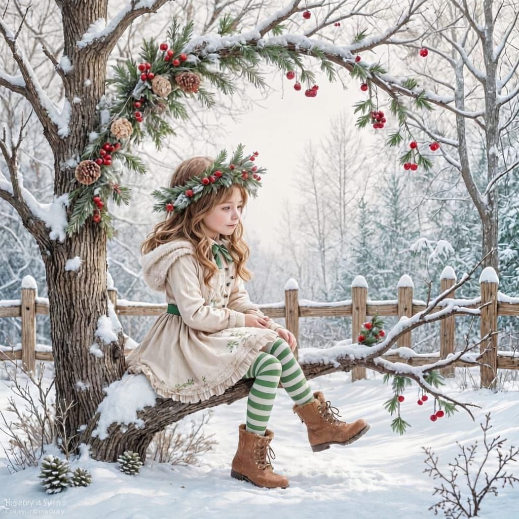 Whimsical Girl on Snowy Branch with Floral Crown