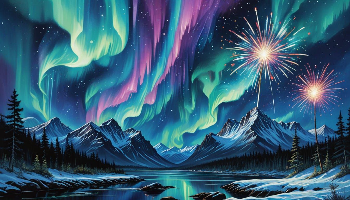 Vibrant Northern Lights Meet Pyrotechnic Magic