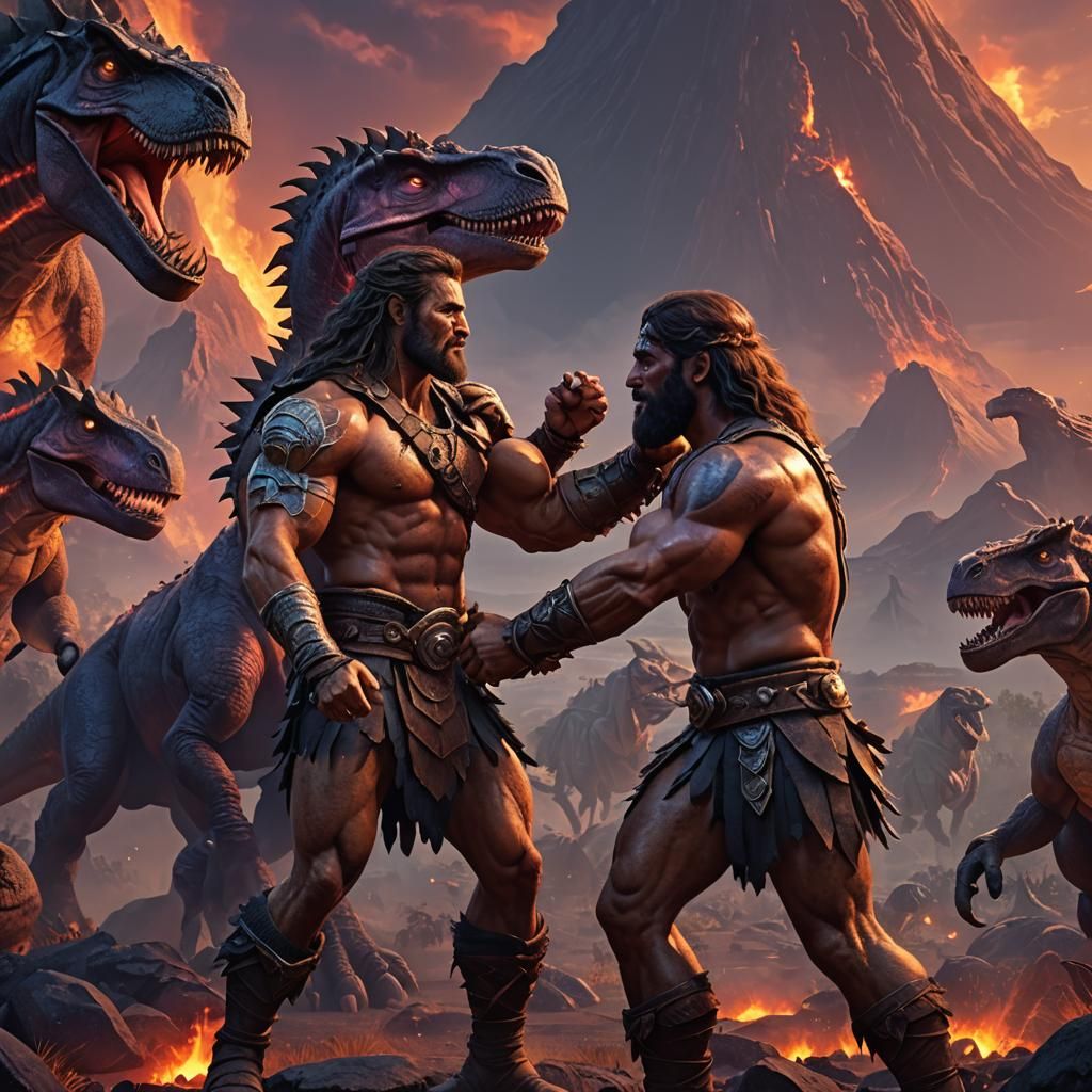 Barbarian Warriors' Kiss in a Prehistoric Land