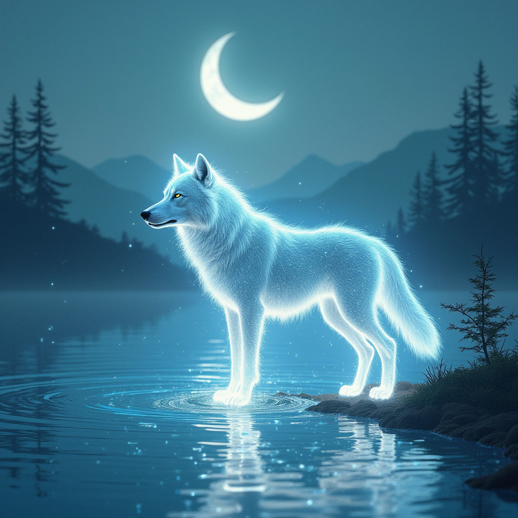Luminous Wolf on Iridescent Lake in Dreamlike Glow