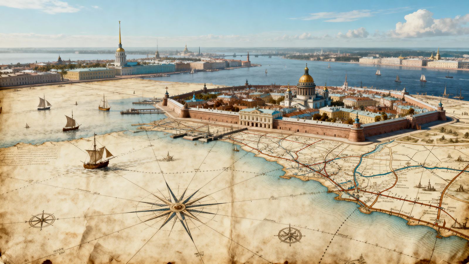 17th Century St. Petersburg Maritime Chart in Old Cartograph...