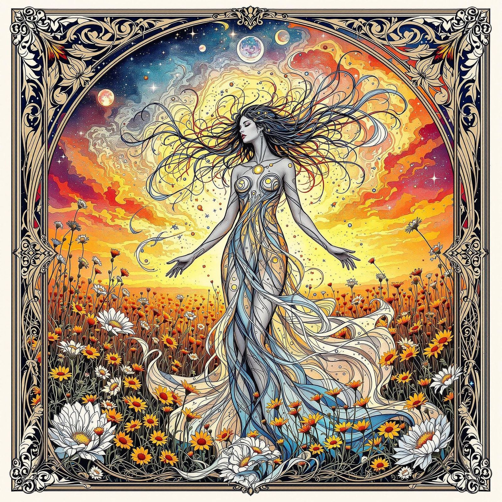 Goddess Dissolving into Ink in Art Nouveau Frame