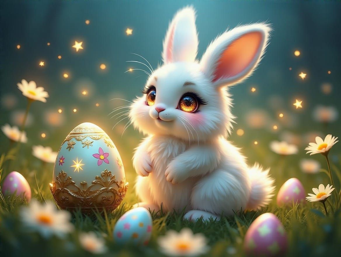 Elegant Easter Bunny Perched on Faberge Egg in Field of Flow...