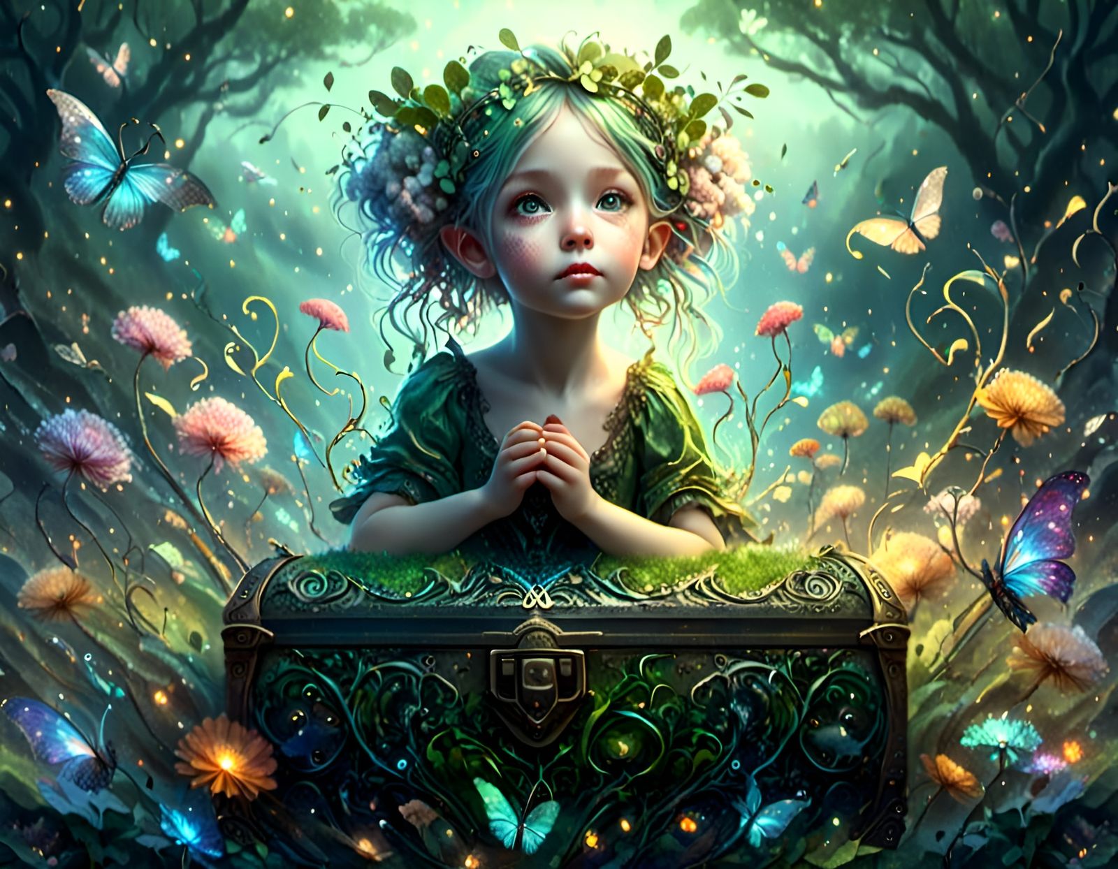 Clover Fairy on Treasure Chest in Bioluminescent Forest