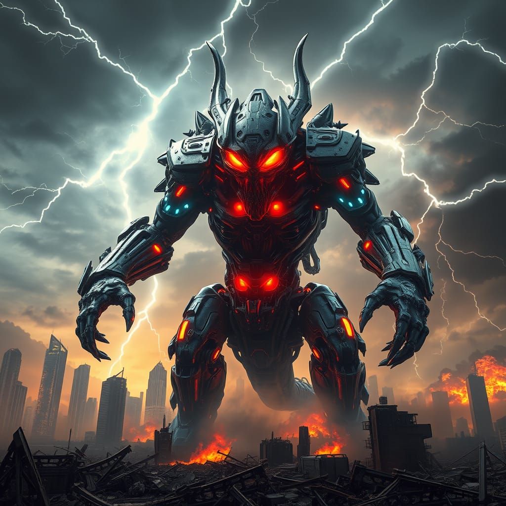 Cyber Demon Towers Over Ruined Metropolis in Neon-Lit Fury