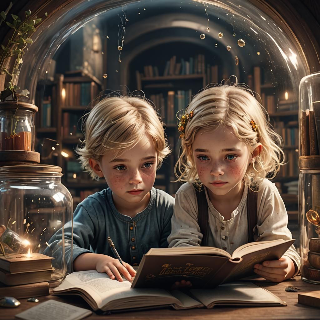 A cute child  blond hair bigbrown eyes freckles reading a bo...
