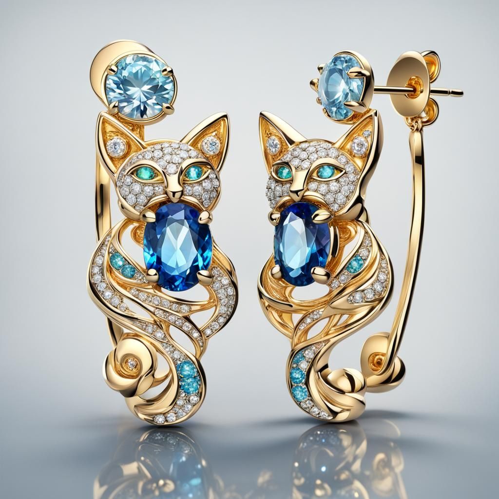 Gold Cat Earrings with Diamonds and Sapphires