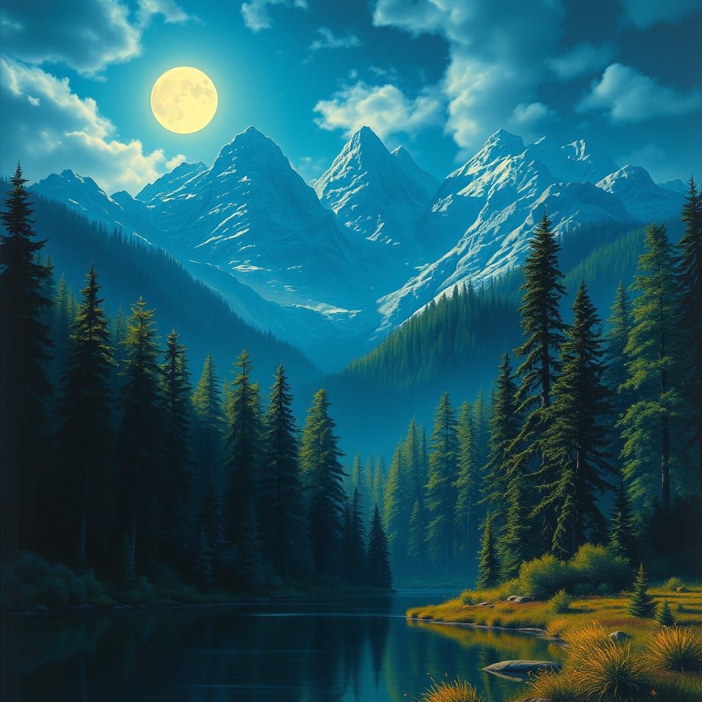 Moonlit Forest, Mountains, and Lake Landscape in Fantasy Art...