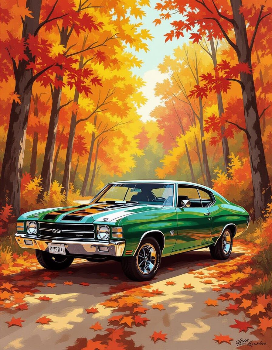 1971 Chevelle SS in Autumnal Gouache and Watercolor