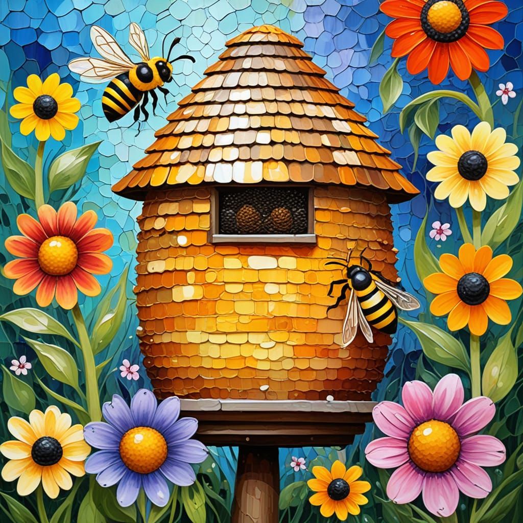Golden Bee Hive in Vibrant Neo-Expressionist Oil Painting