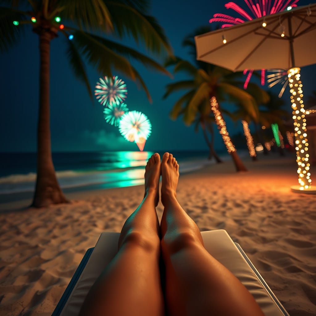 Relaxing Beach Scene with Vibrant Christmas Lights