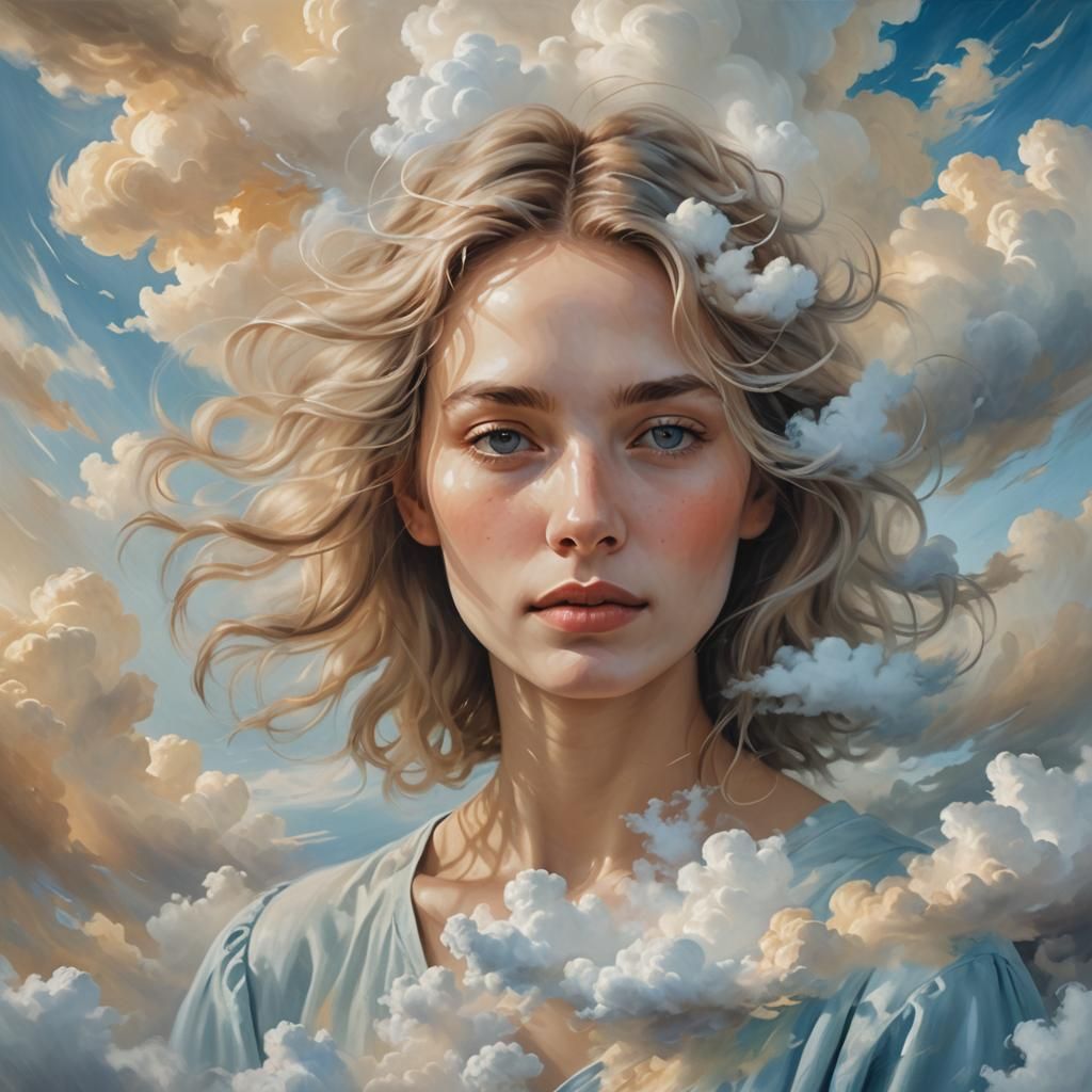 Serene Woman in Clouds: Ethereal Oil Painting