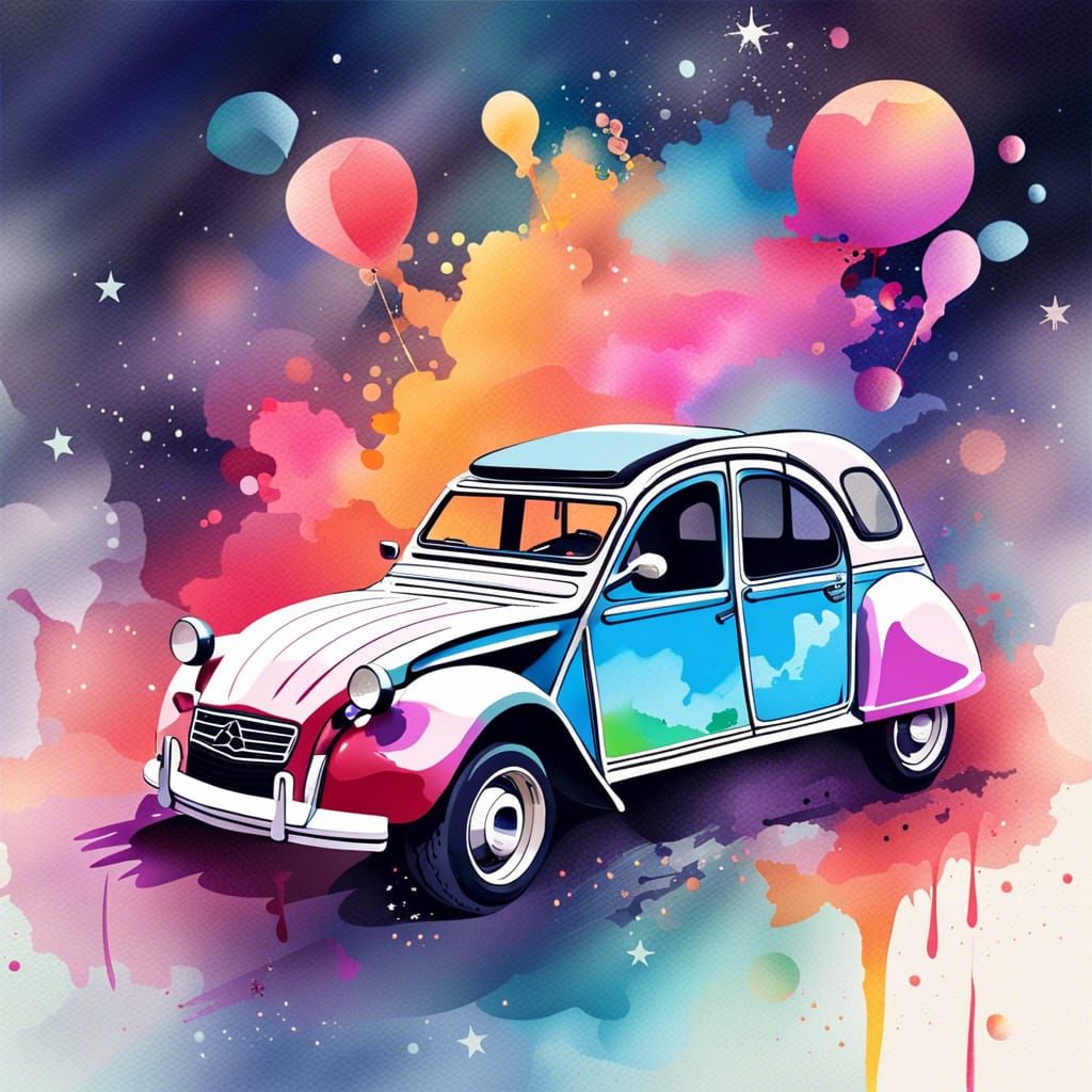 2CV Drifting in Space: Flat Design, Watercolor Style