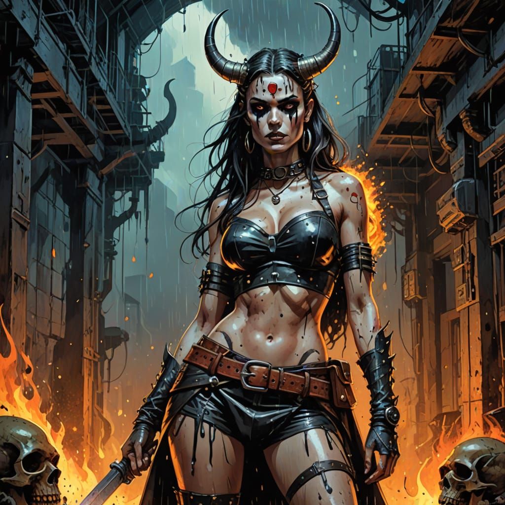 Cyberpunk Fantasy Maiden in Dark Hellish Lair