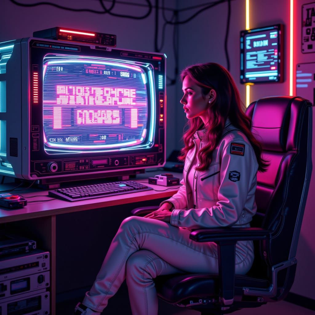 Cassette Futurism Woman Surrounded by Glitching Technology