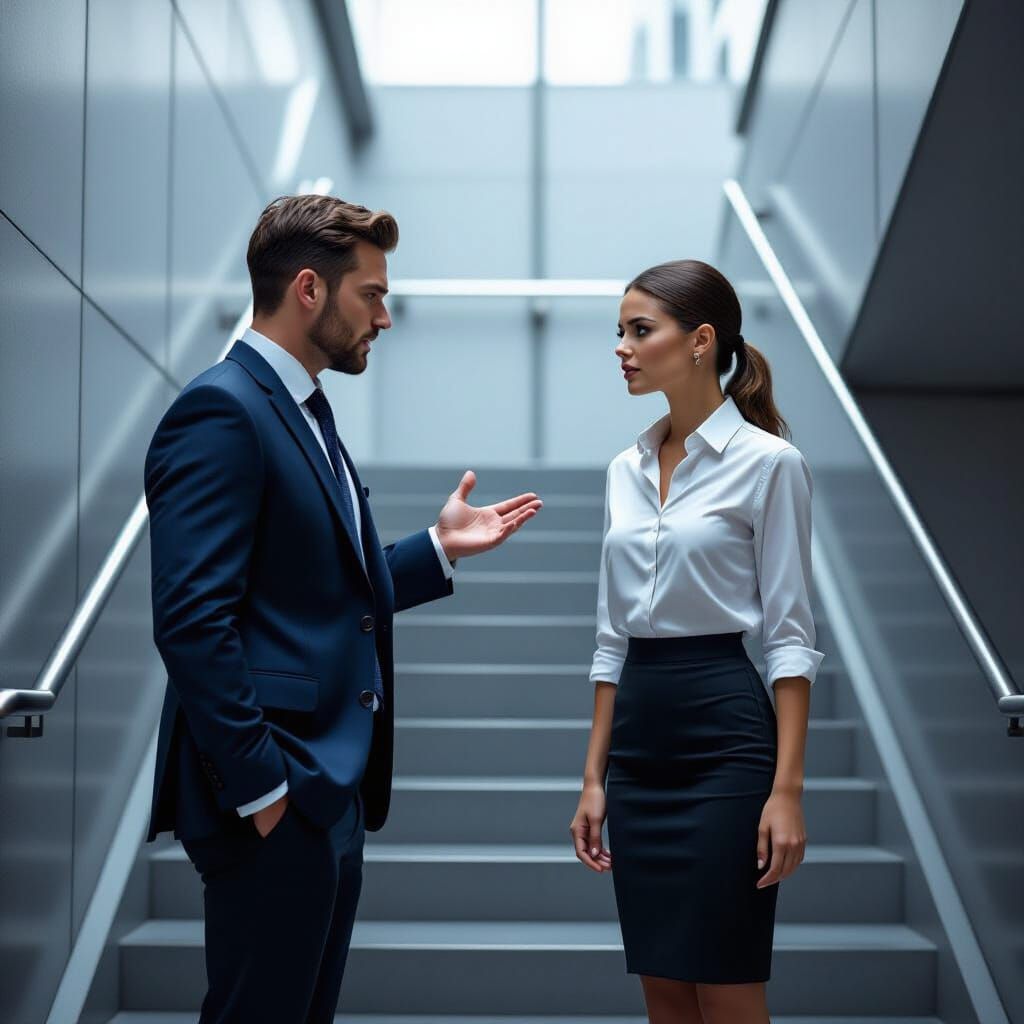 Frustrated Man Scolding Woman in Urban Stairwell