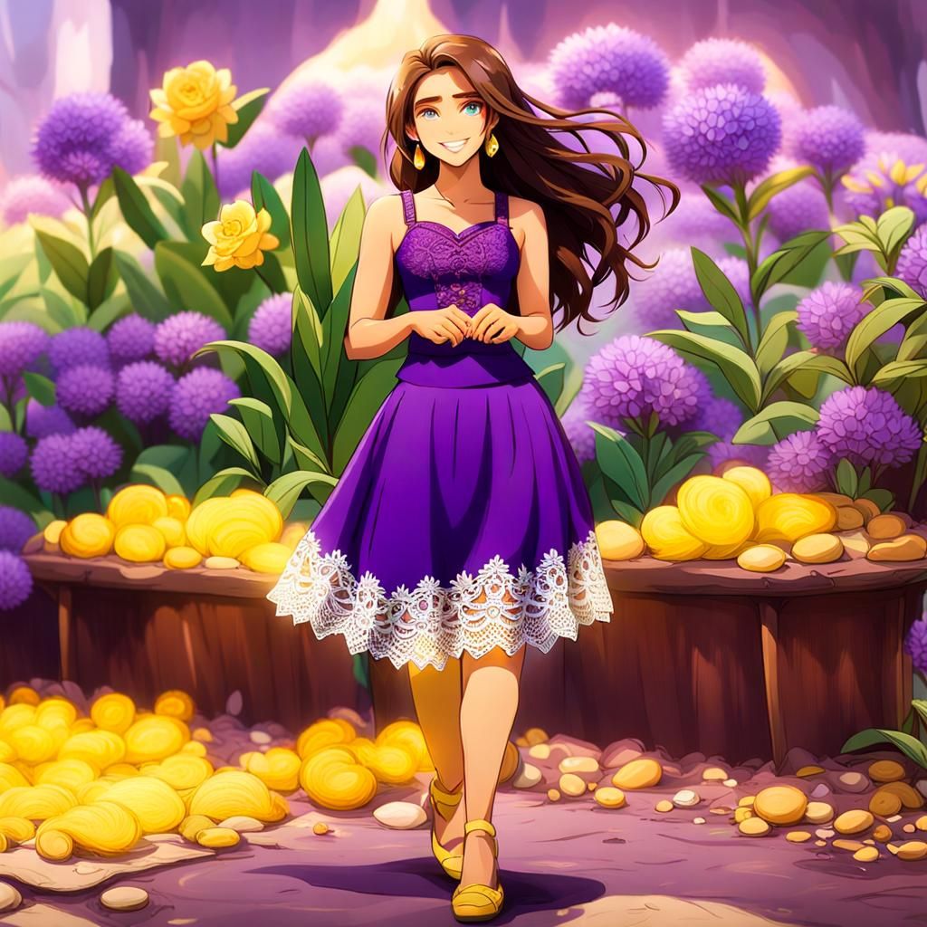 Girl with Olive Skin, Green Eyes, Purple Outfit