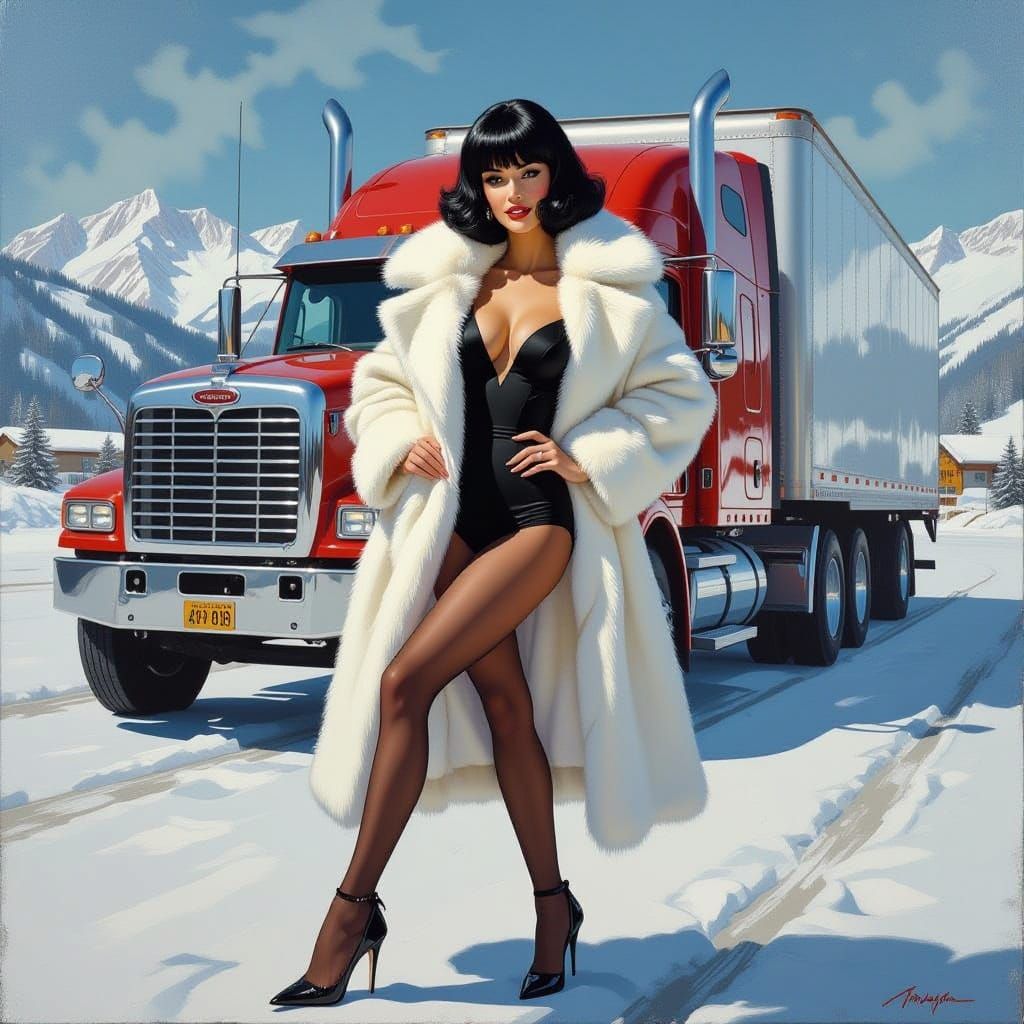 Impressionist Oil Painting Of Woman At Snowy Truck Stop