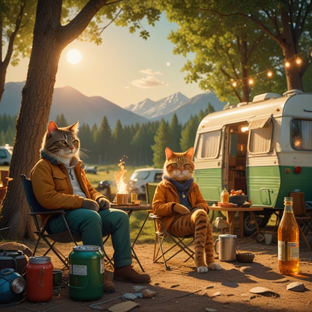 Whimsical Cats Enjoy Camping Adventure