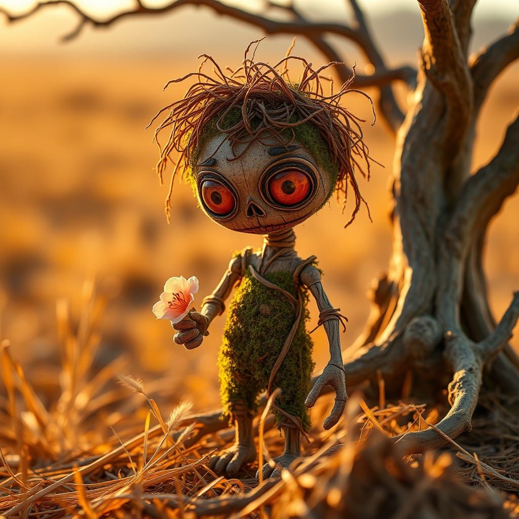 Whimsical Voodoo Doll in Savanna Landscape