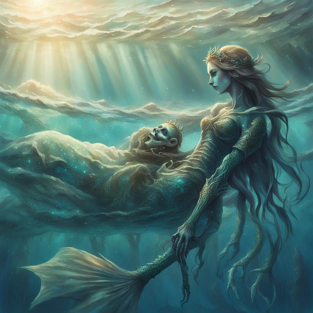 Cursed Mermaid Princess Embraces Skeletal Prince