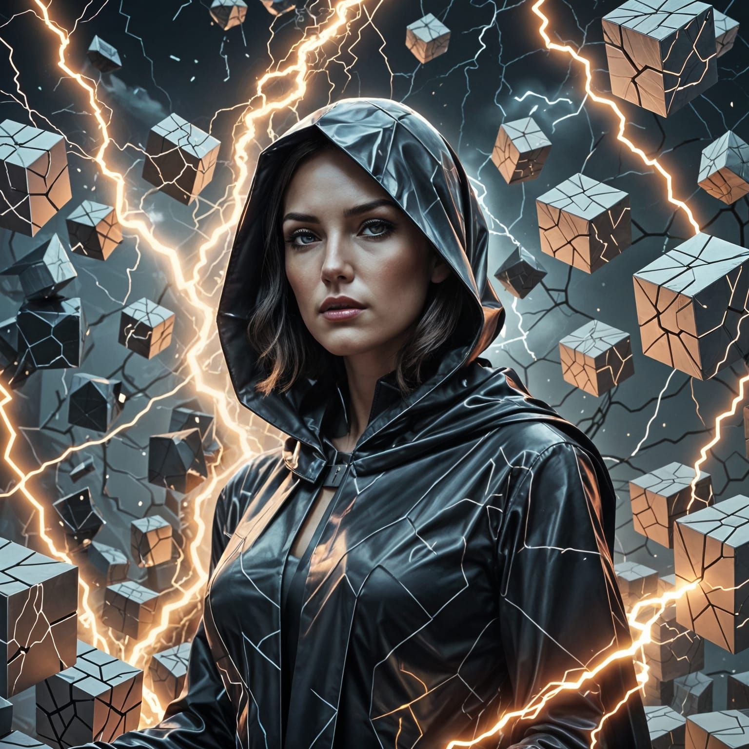 Cubist Woman in Surreal Lightning Dreamscape