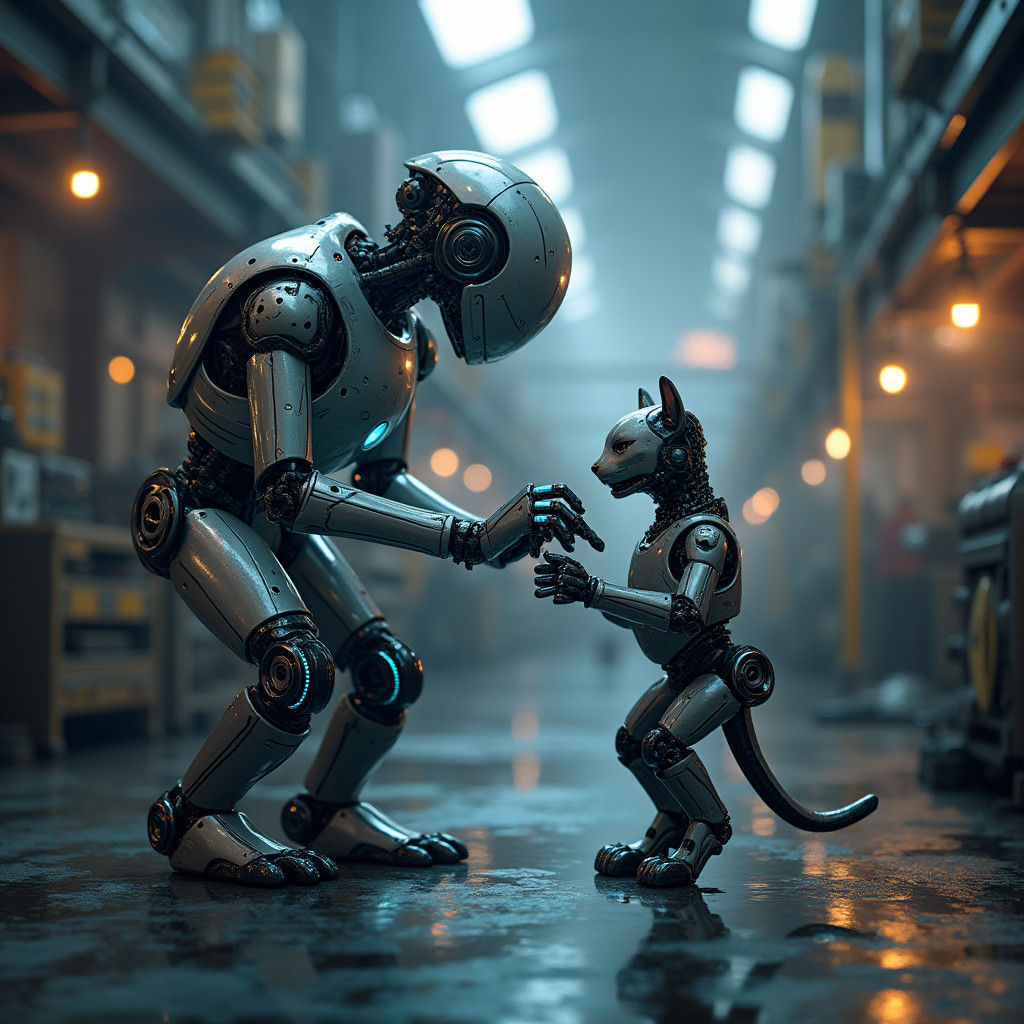Robot Crafts Cat in Futuristic Factory: Sci-Fi Art