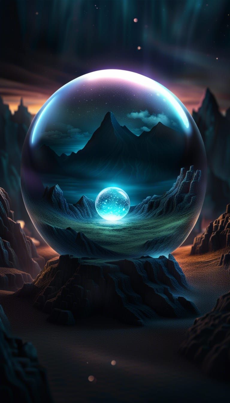 Mystical Crystal Ball in Surreal Landscape: 3D Art