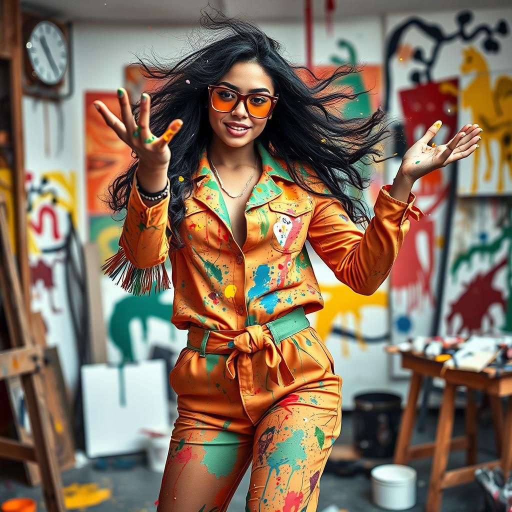 Trendy Woman Throwing Paint in Basquiat Style