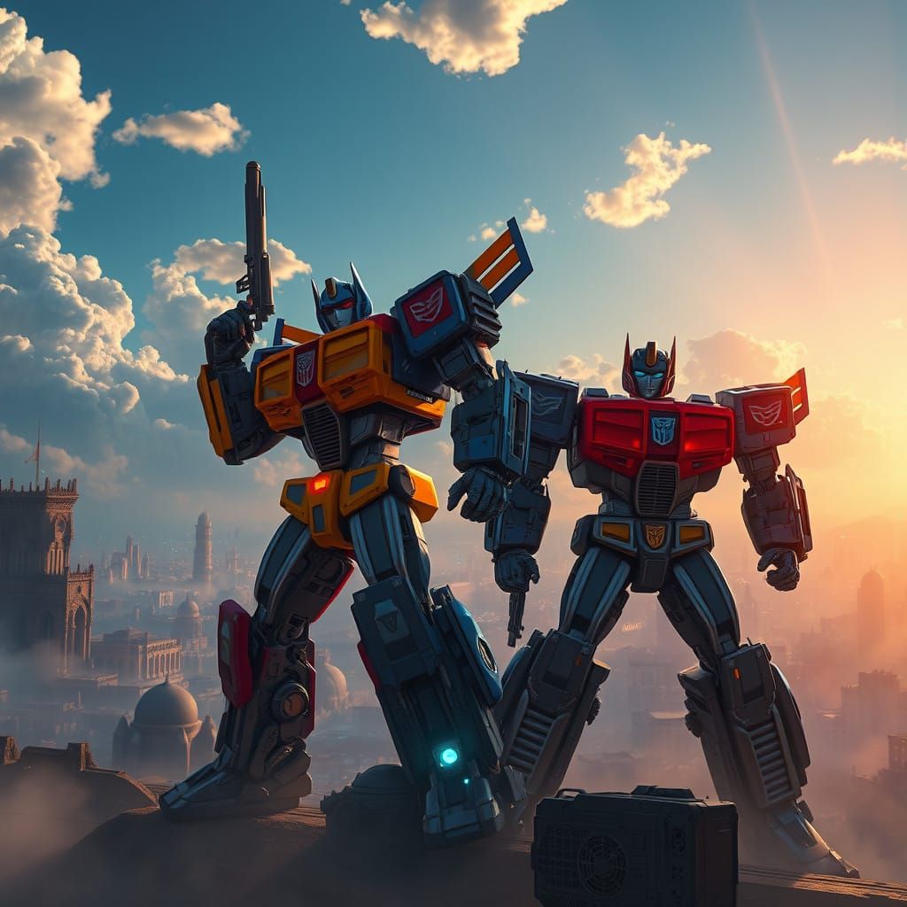 Heroic Transformers Amidst Futuristic Cityscape in Vibrant,...