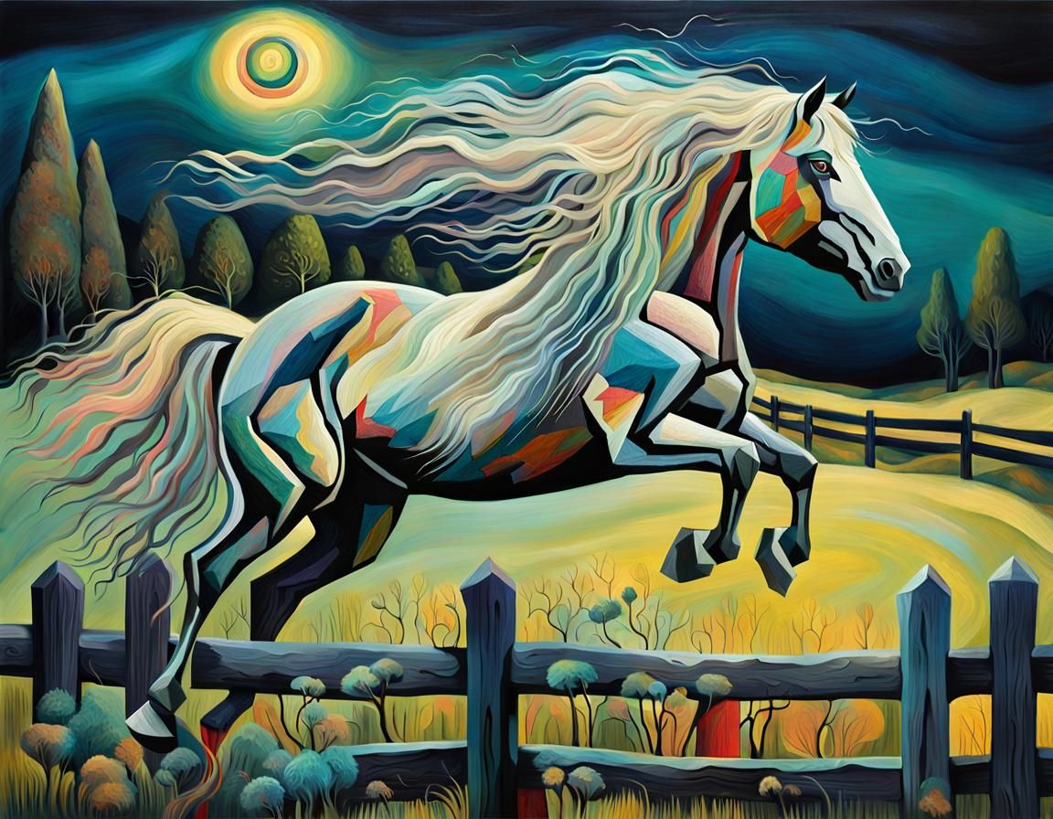Surreal Horse Jumps Fence in Art Brut Style