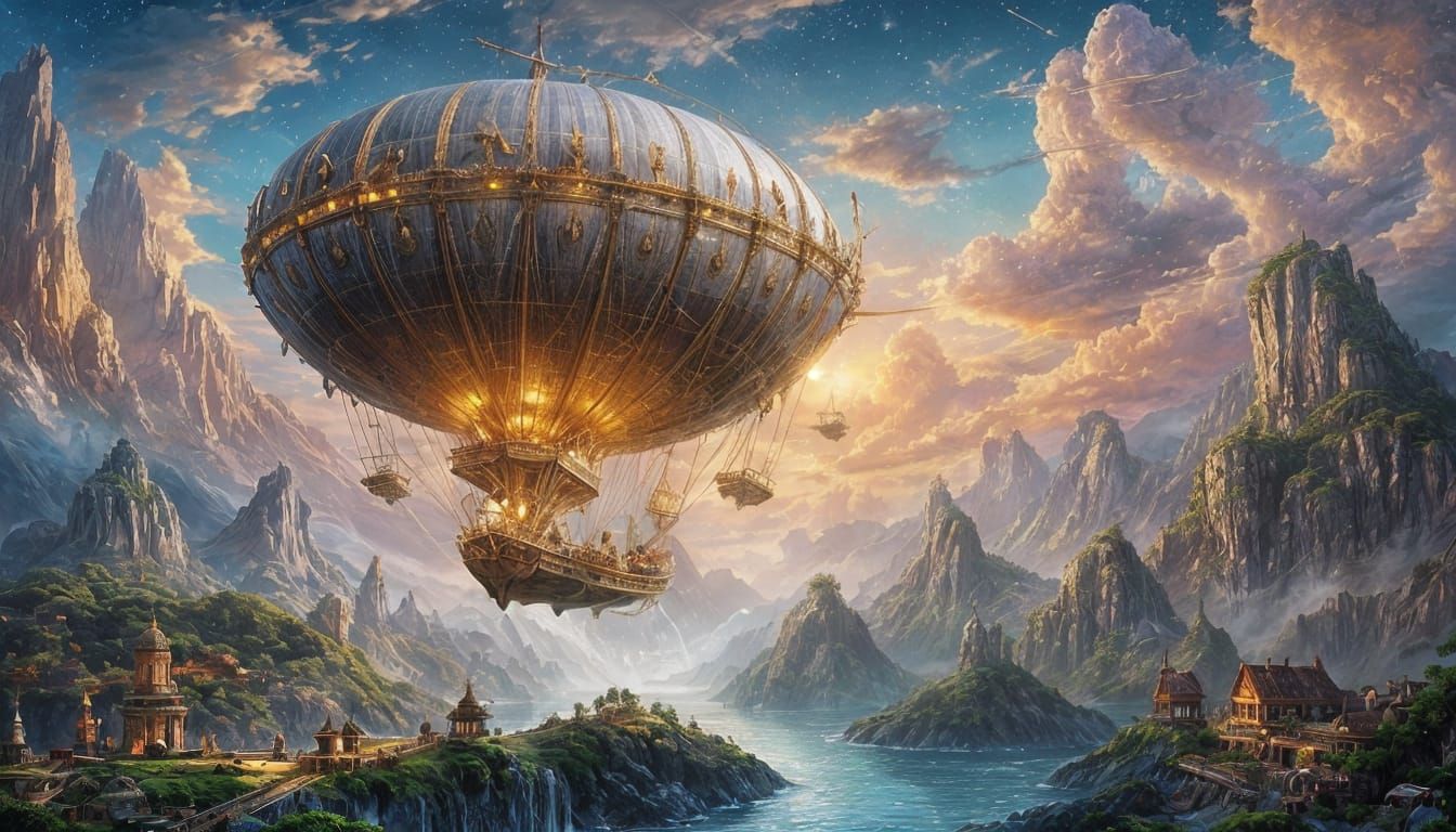 Fantastical Airship Soaring Above Floating Islands