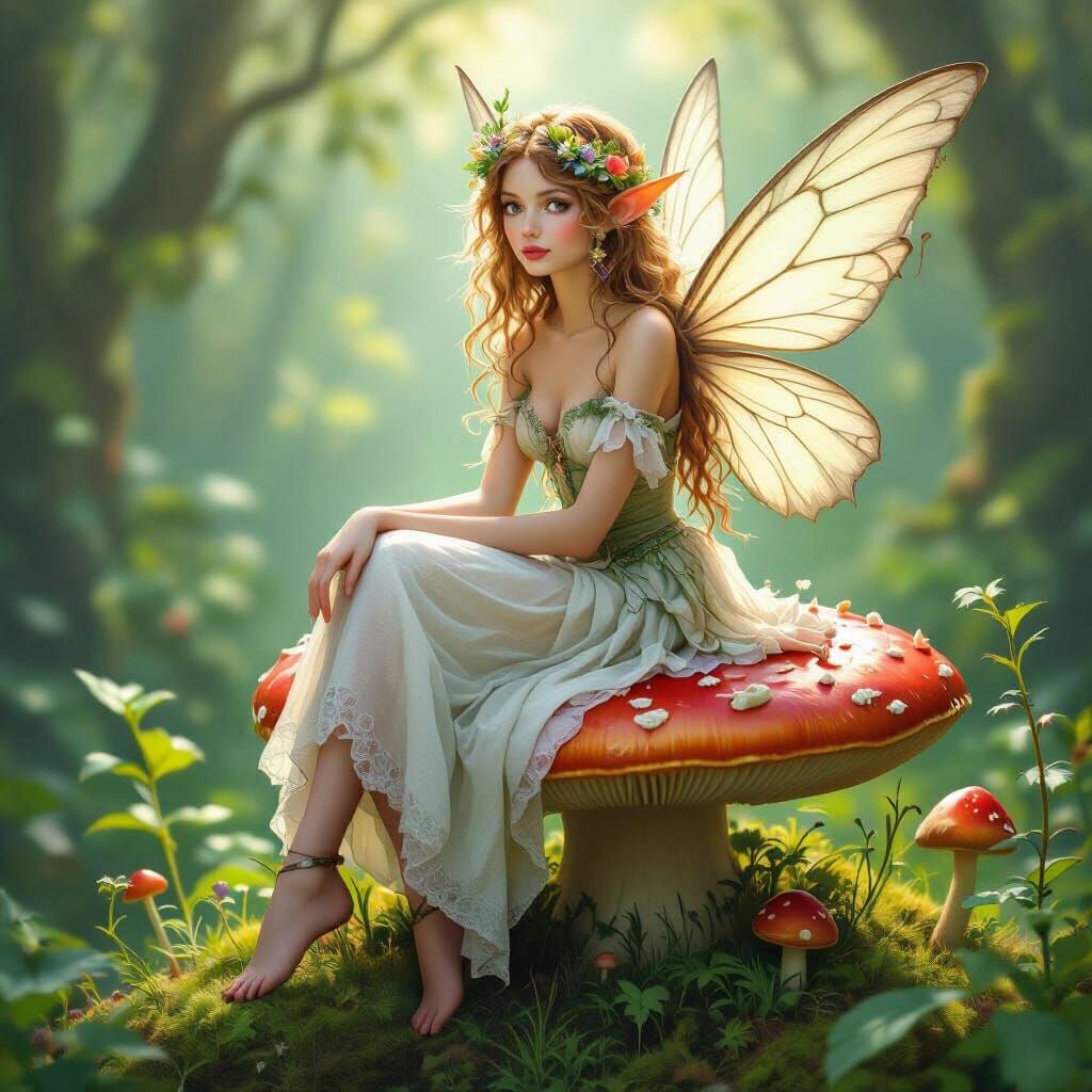 Enchanting Fairy on Toadstool in Fantasy Art Style