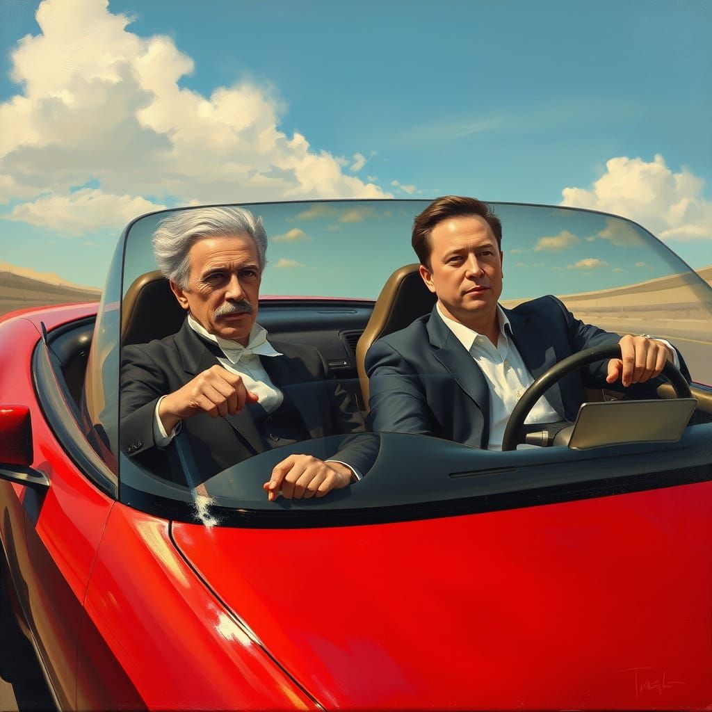 Tesla and Musk with Futuristic Car in Oil Painting Style