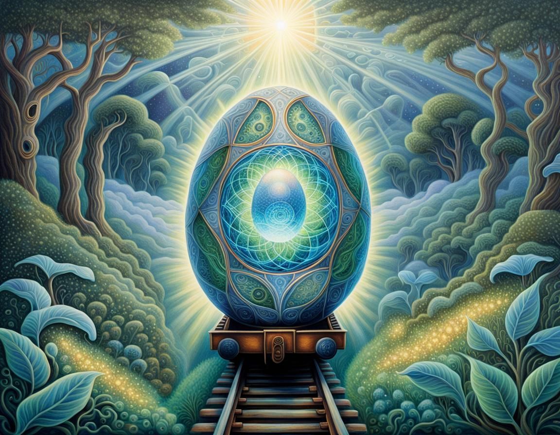 Dreamlike Train Emerges from Glowing Seed of Life in Vibrant...