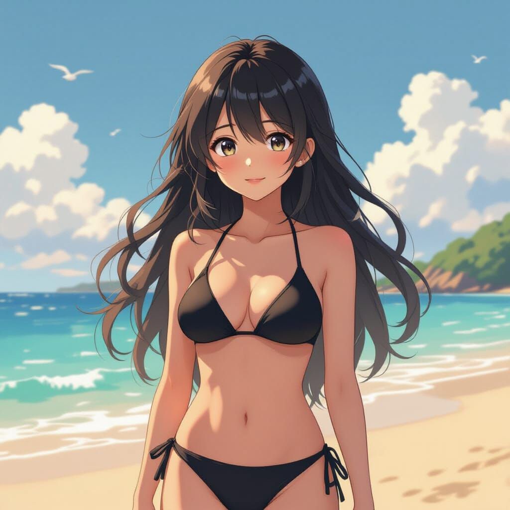 Anime Girl in Bikini on Beach, Digital Painting