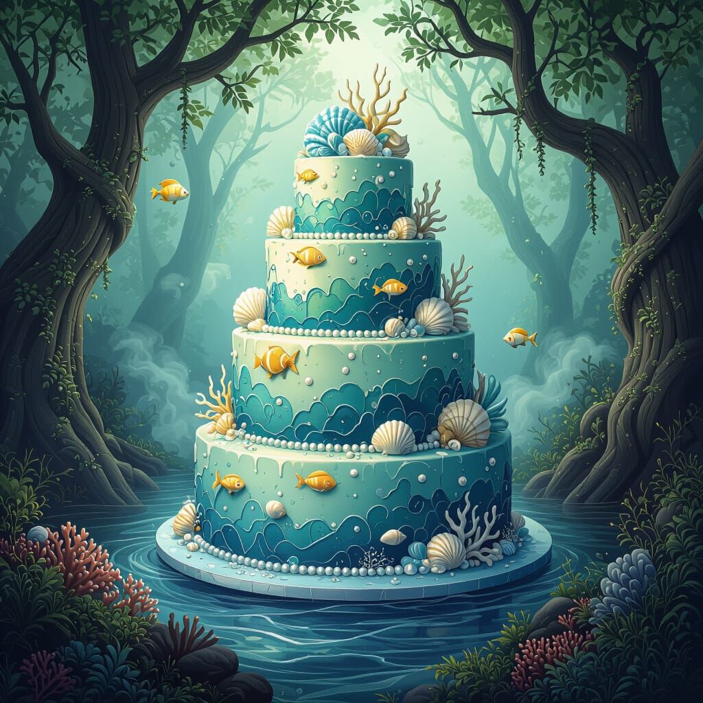 Fantasy Ocean Cake in Enchanted Forest, Digital Art