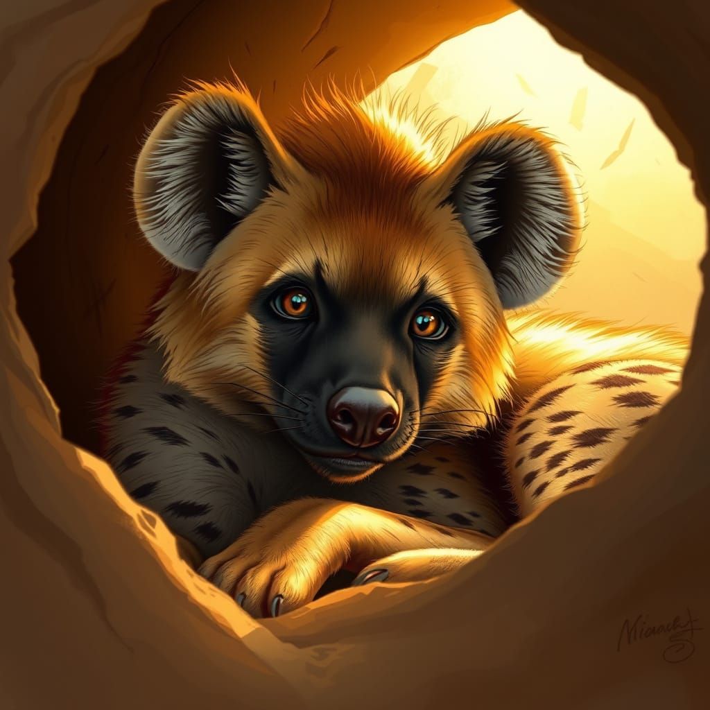 Warm-Toned Female Hyena in Cozy Den with Gentle Glow