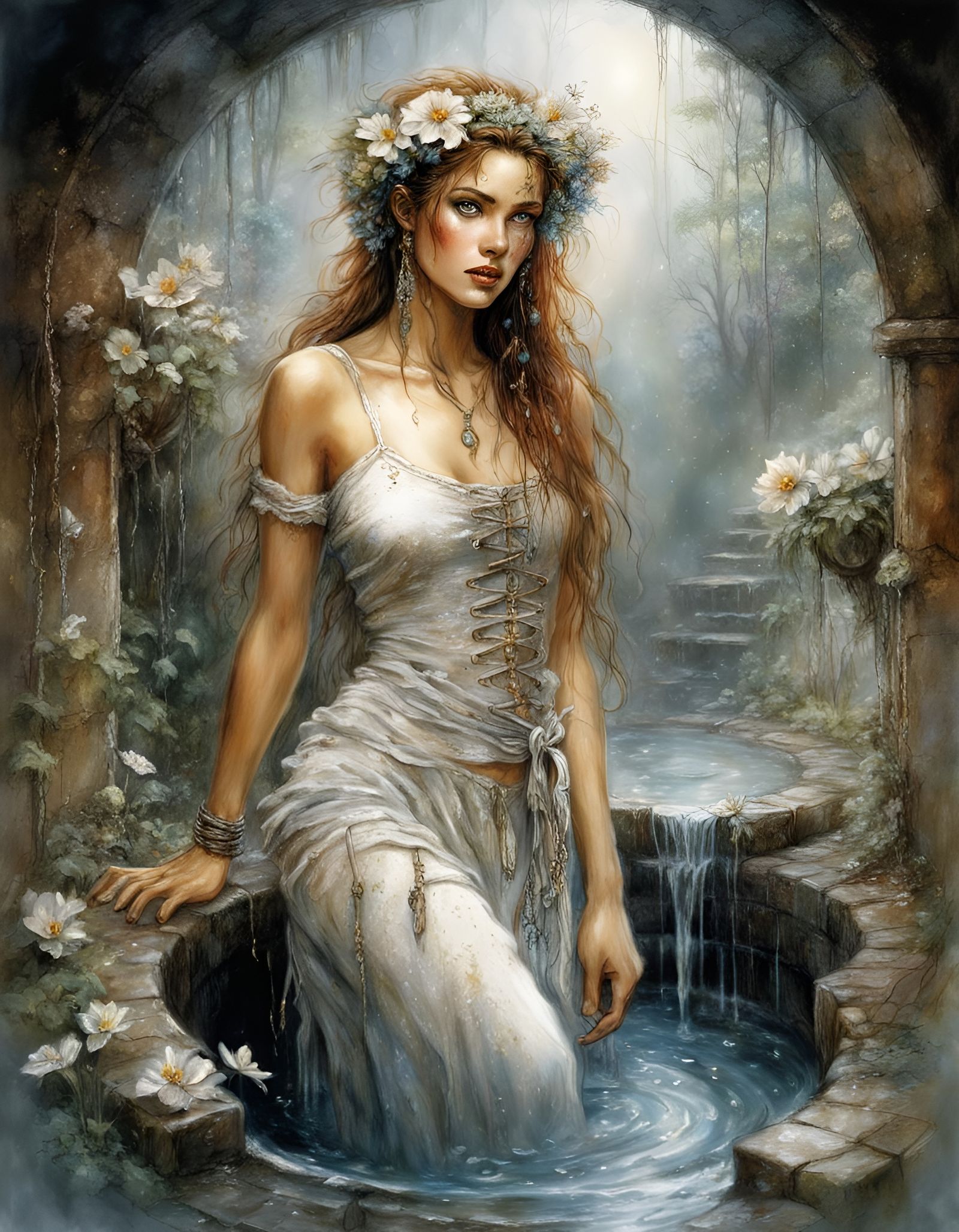 Freckled Adventuress Exploring Mysterious Well, in Royo Styl...