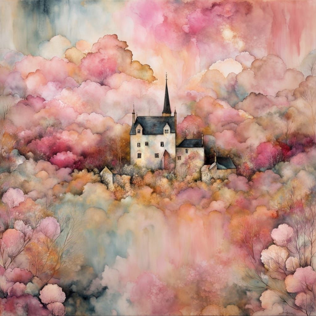Magical Domain with Colorful Clouds in Encaustic Style